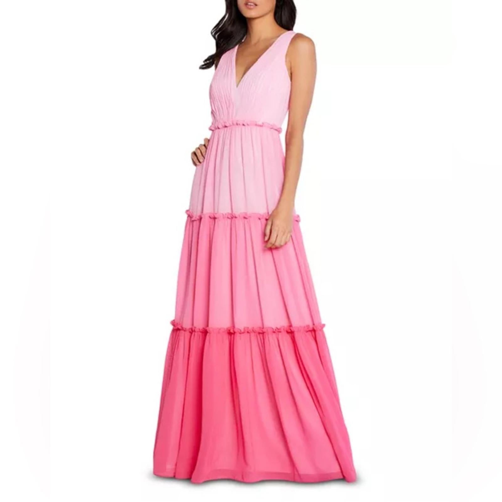 Aidan Mattox V-Neck Ciffon Color-Block Tiered Maxi Gown in Pink, Size 0 NWT $330