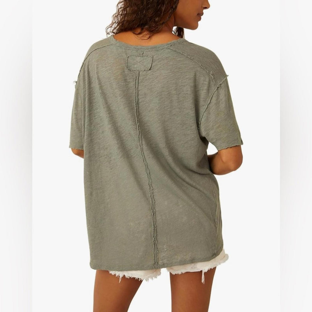 Free People Slouchy V-neck T-shirt in Khaki, Size M NEW w/Tag