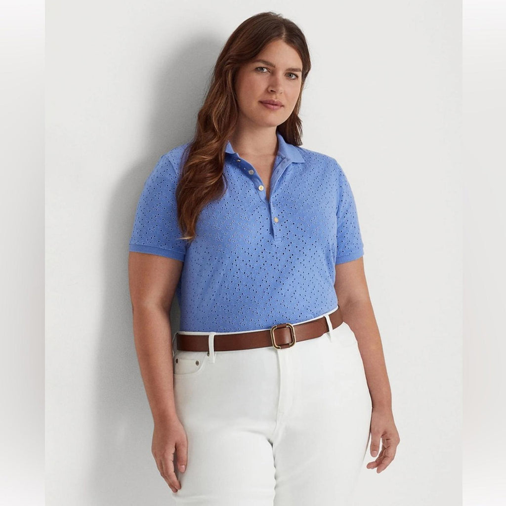 Lauren Ralph Lauren Blue Eyelet Logo Short Sleeve Collared Polo Top Size 1X NWT