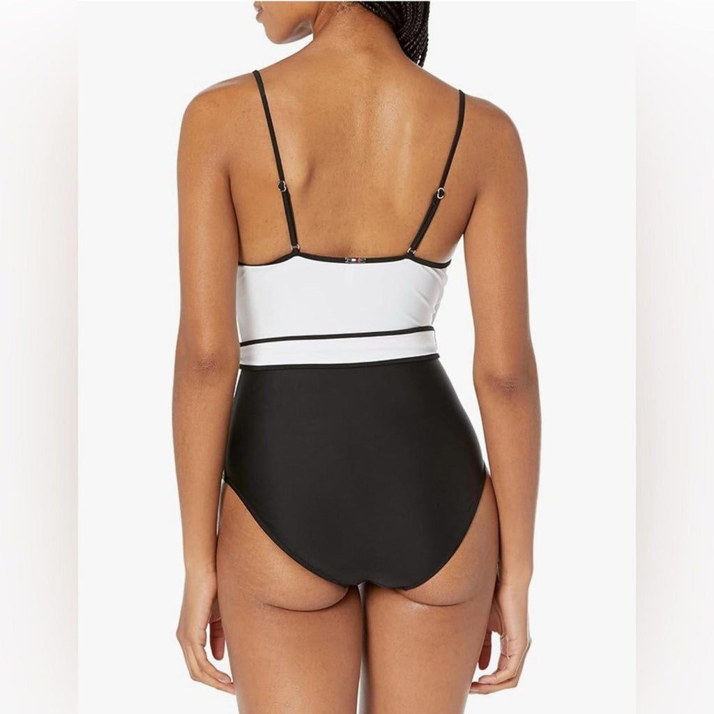 Tommy Hilfiger Colorblock Tie Front One Piece Swimsuit Black/White Size 14 NWT