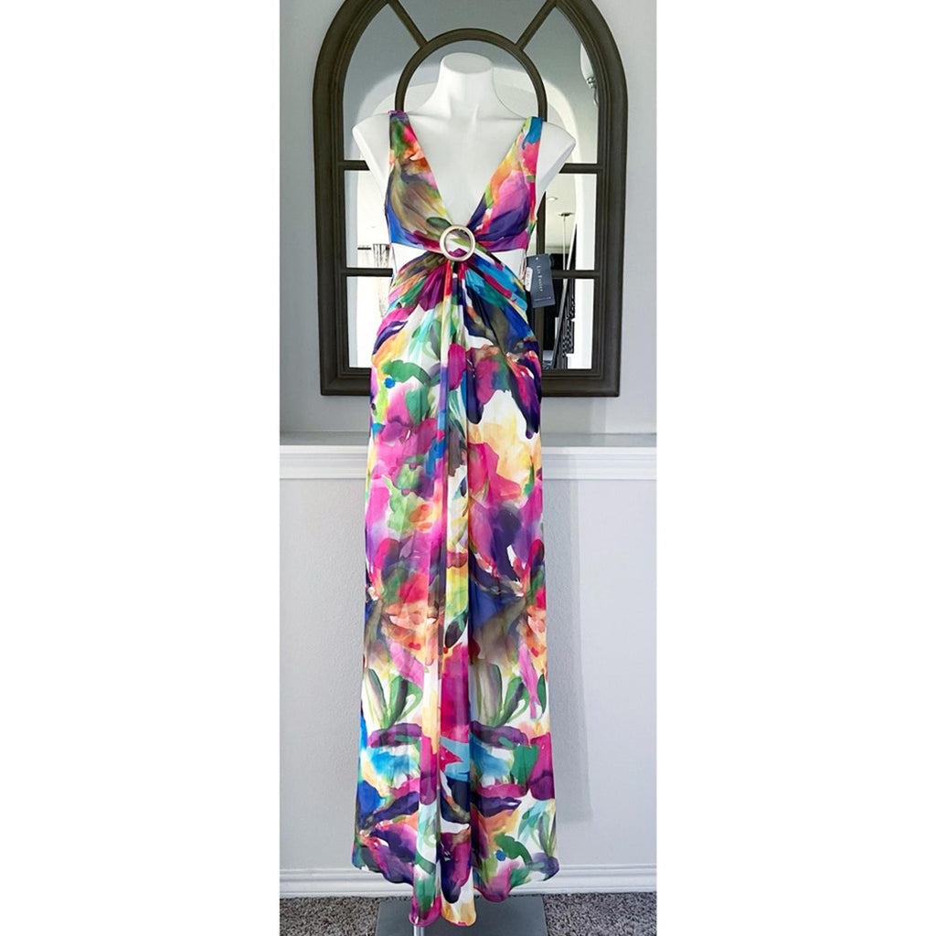 Liv Foster Side Cut-Out O-Ring Dress V-Neckline Sleeveless Gown Size 2 NEW w/Tag