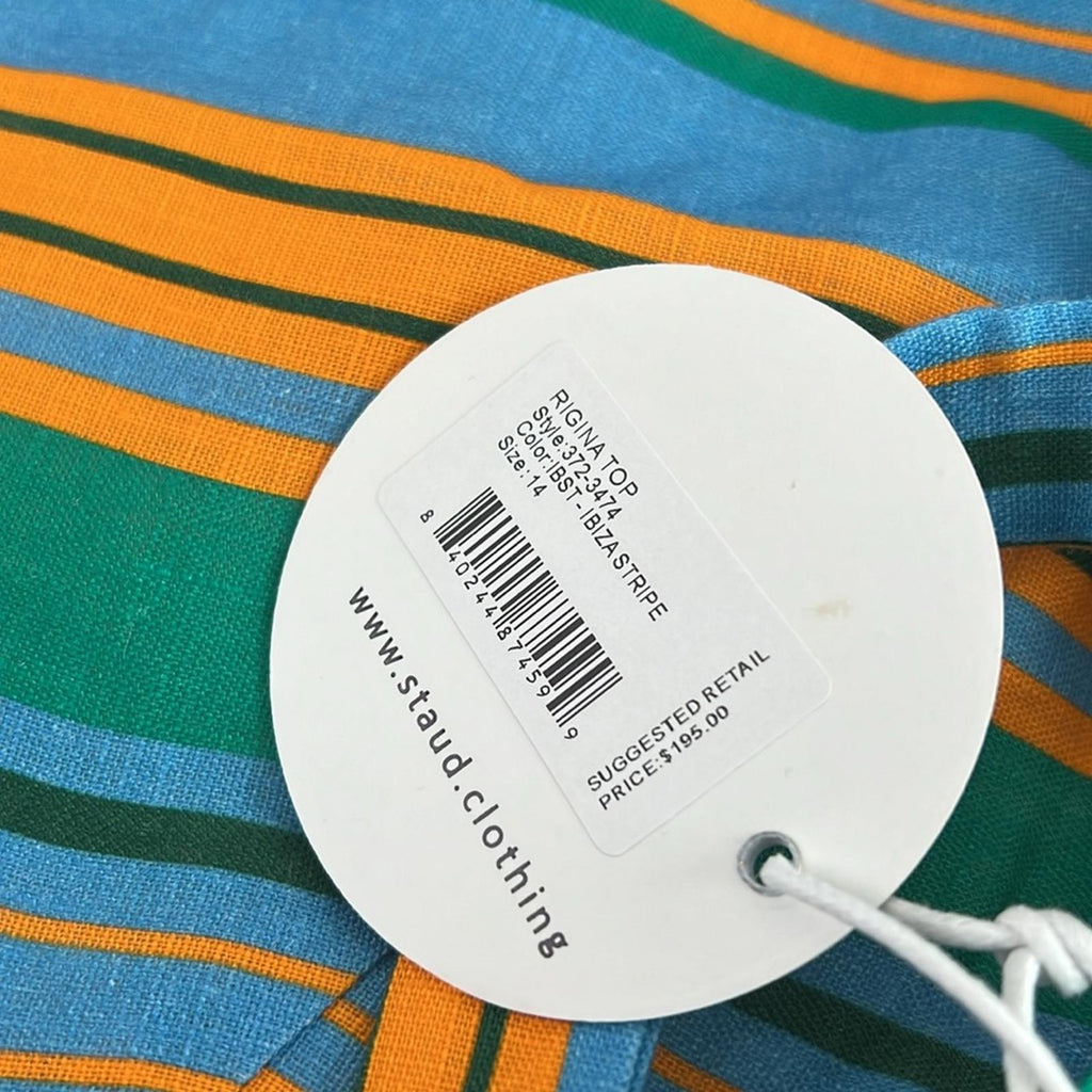 STAUD Rigina Linen Stripe Crop Top, Ibiza Stripe Size 14 New w/Tag Retail $195