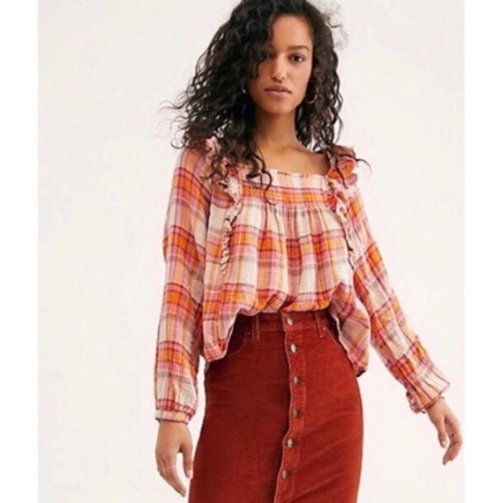 Free People Siena Plaid Long Sleeve Ruffle Top Cotton Size XS New w/Tag