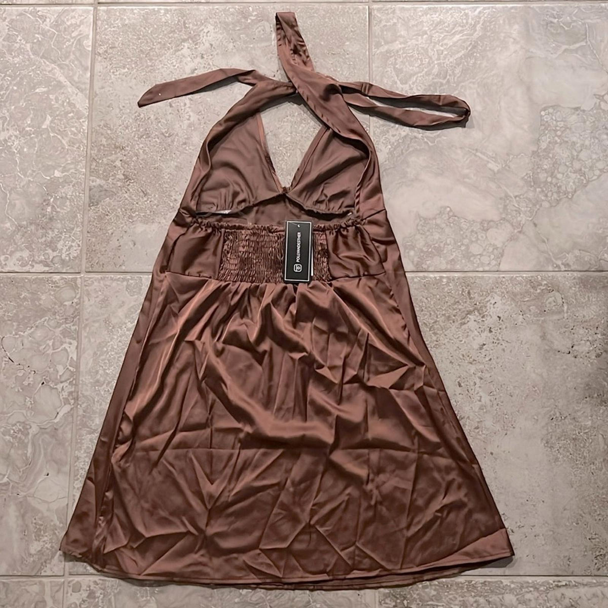 NWT Just Polly Printed Halter Tie V-Neck Dress Juniors' Size L, Cocoa New w/Tag