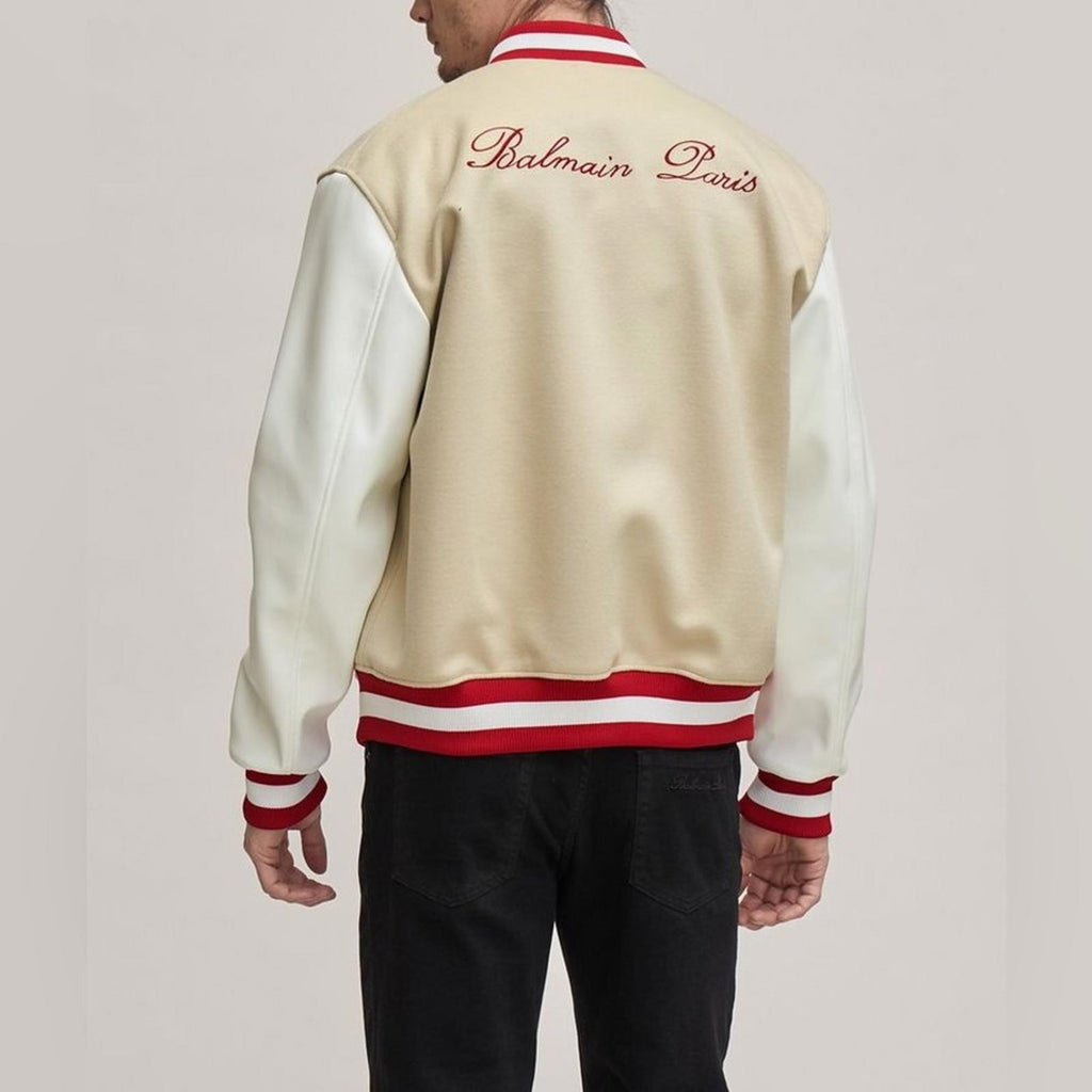 Balmain Embroidered Cursive Logo Letterman Jacket, Size IT 54 New w/Tag