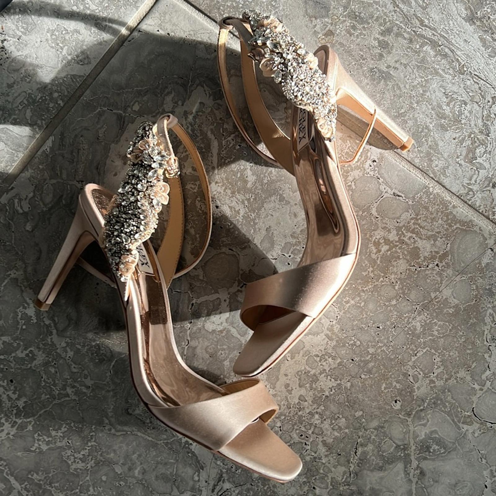 Badgley Mischka Tisha Embellished Heeled Sandals in Nude Satin, Size 8 NEW $245