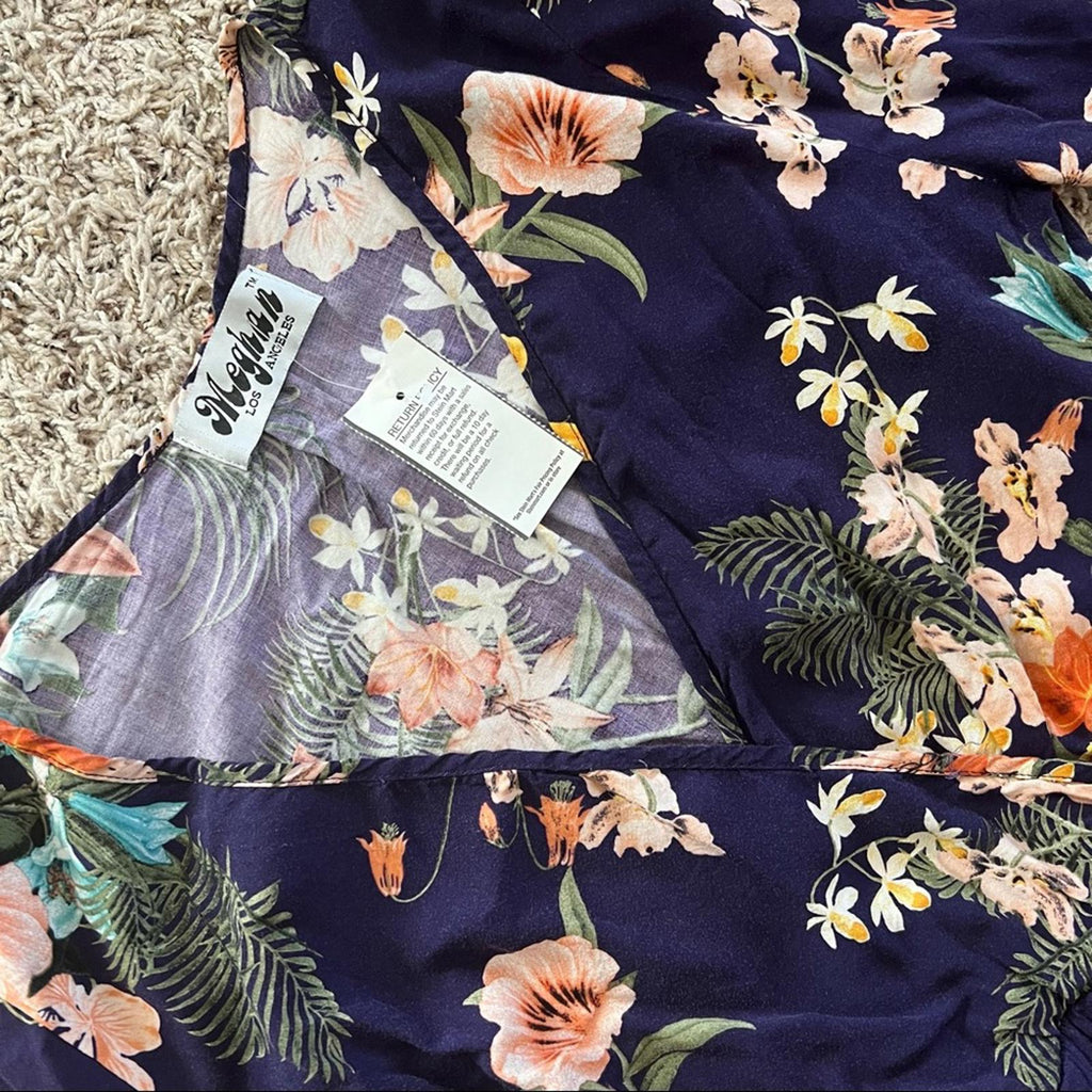 Meghan LA Floral Maxi Dress Navy Lilypad Split Neck Size XL EXCELLENT! $399