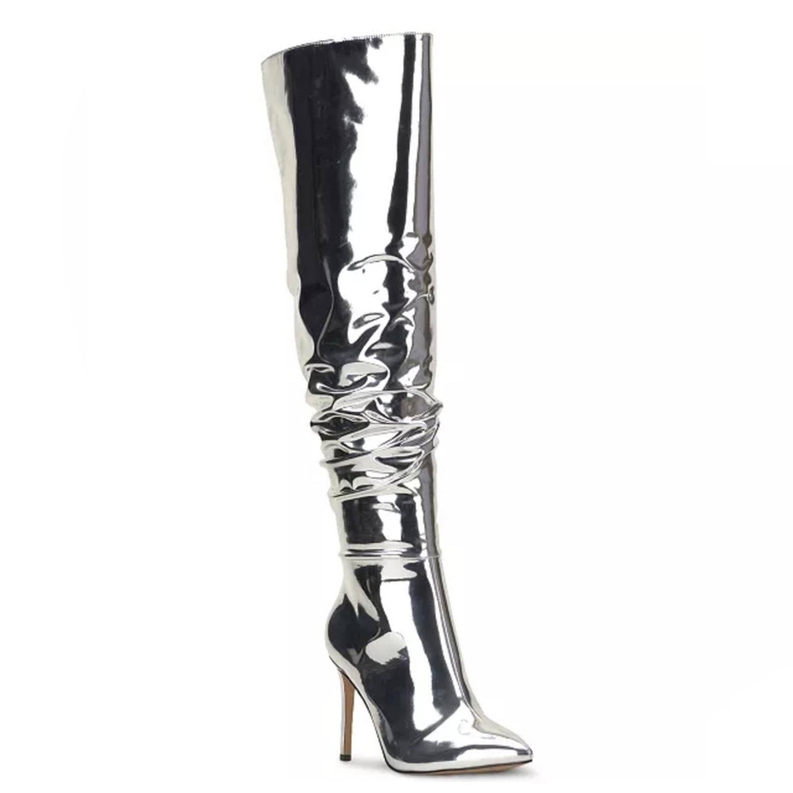 I.N.C. Iyonna Over-The-Knee Slouch Boots in Patent Silver Size 6/36.5 NEW $169.5