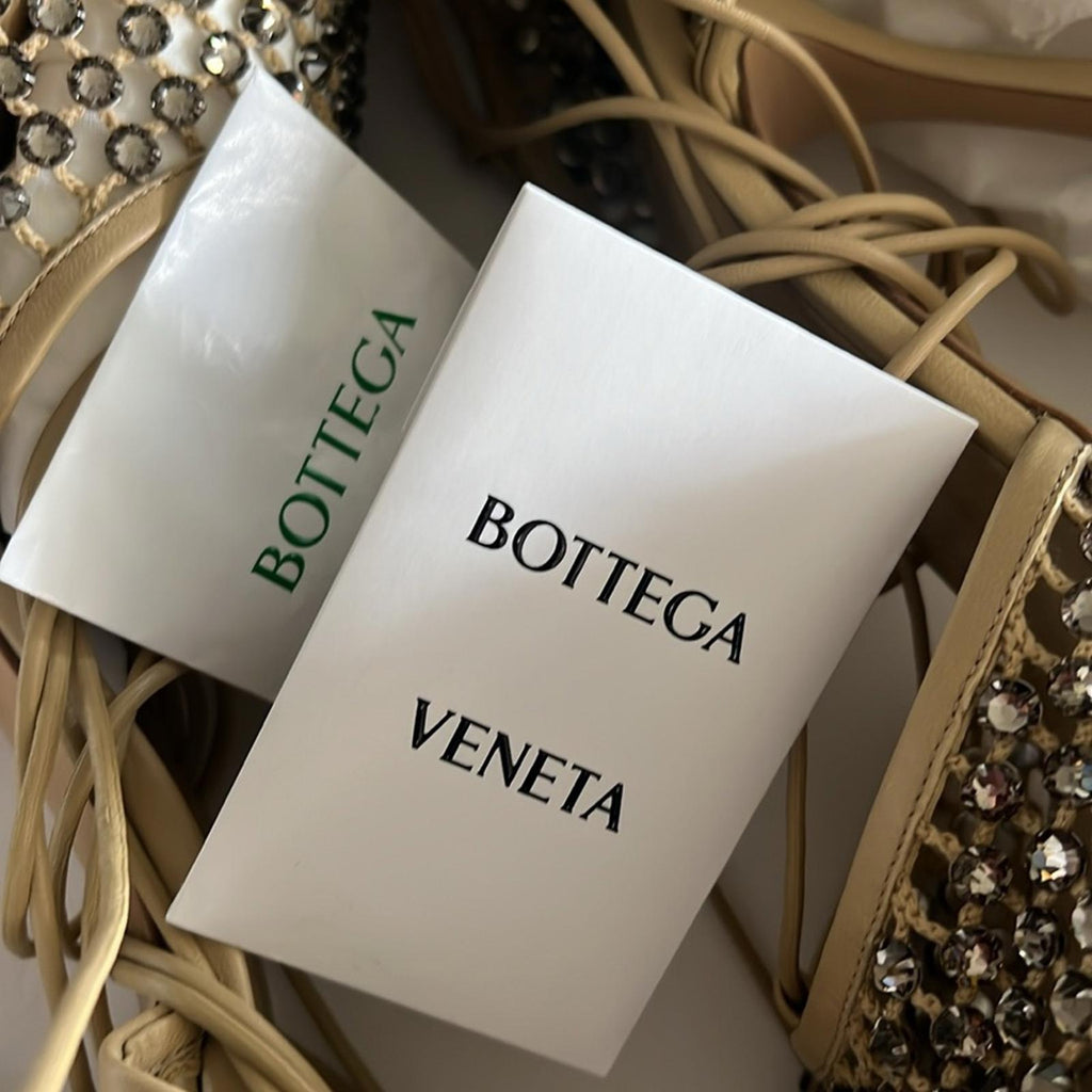 Bottega Veneta Sparkle Stretch Lace-Up Sandals, Toile Size 41 New in Box $1950