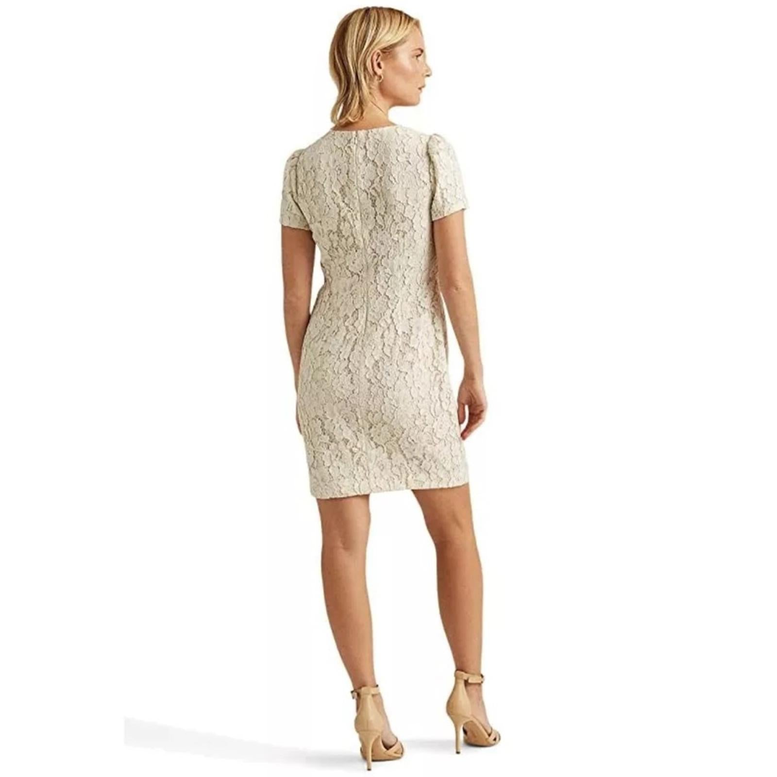 Lauren Ralph Lauren Puff-Sleeve Lace Cocktail Dress in Cream Size 10 NWT $225