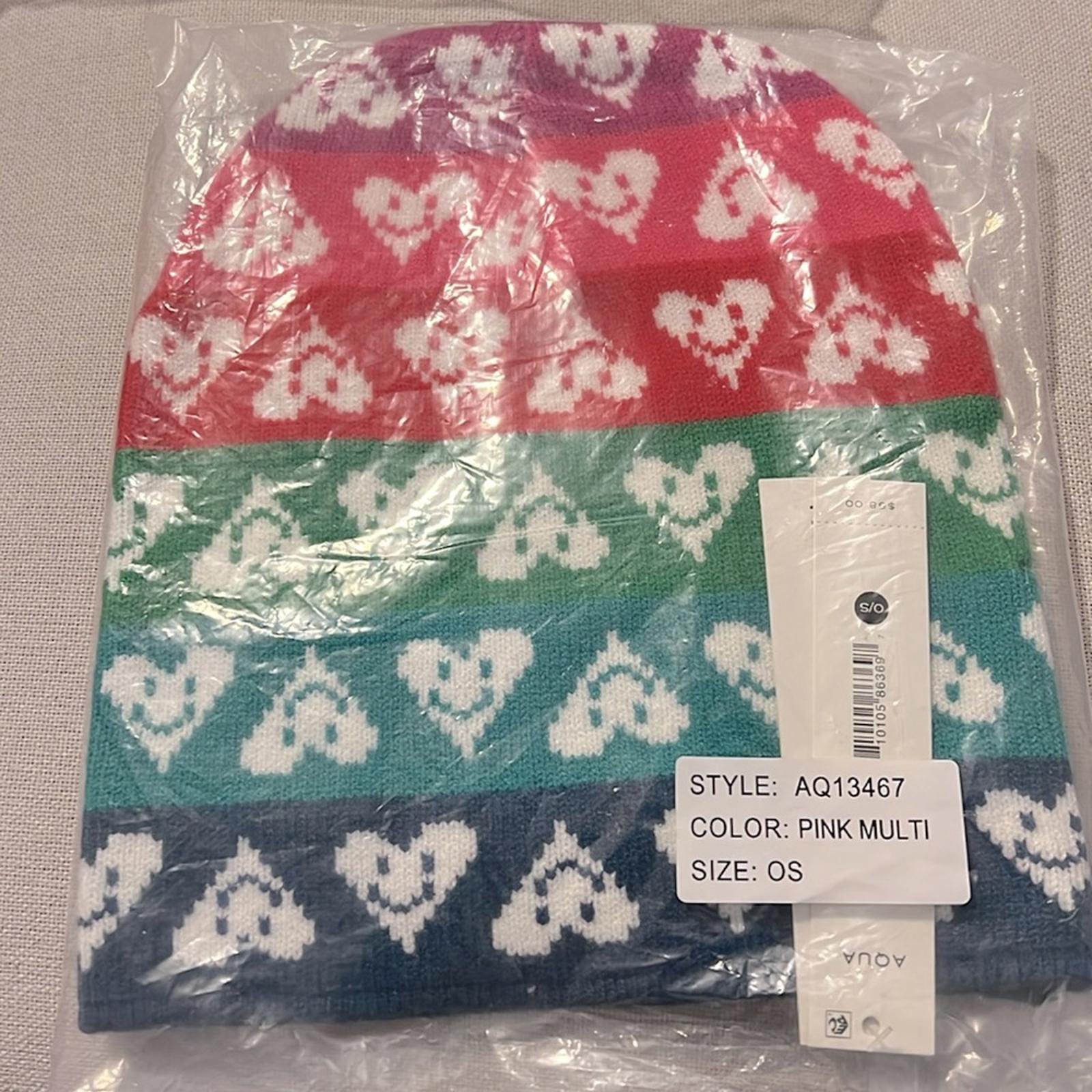 AQUA x Kerri Rosenthal Heart Beanie, One Size Pink Multi, New w/Tag