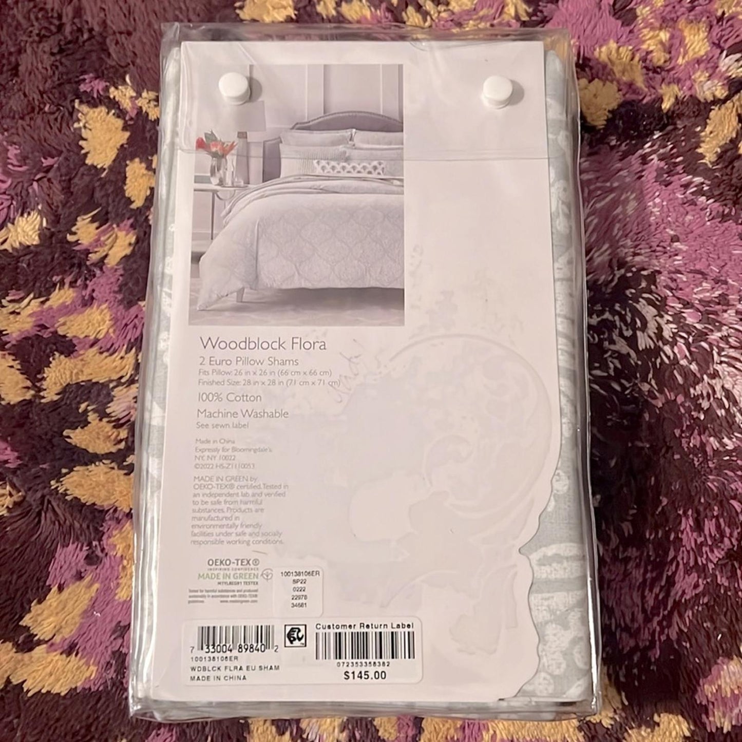 2 Sky Woodblock Flora Euro Shams in Sage/White, New w/Tag Retail $145
