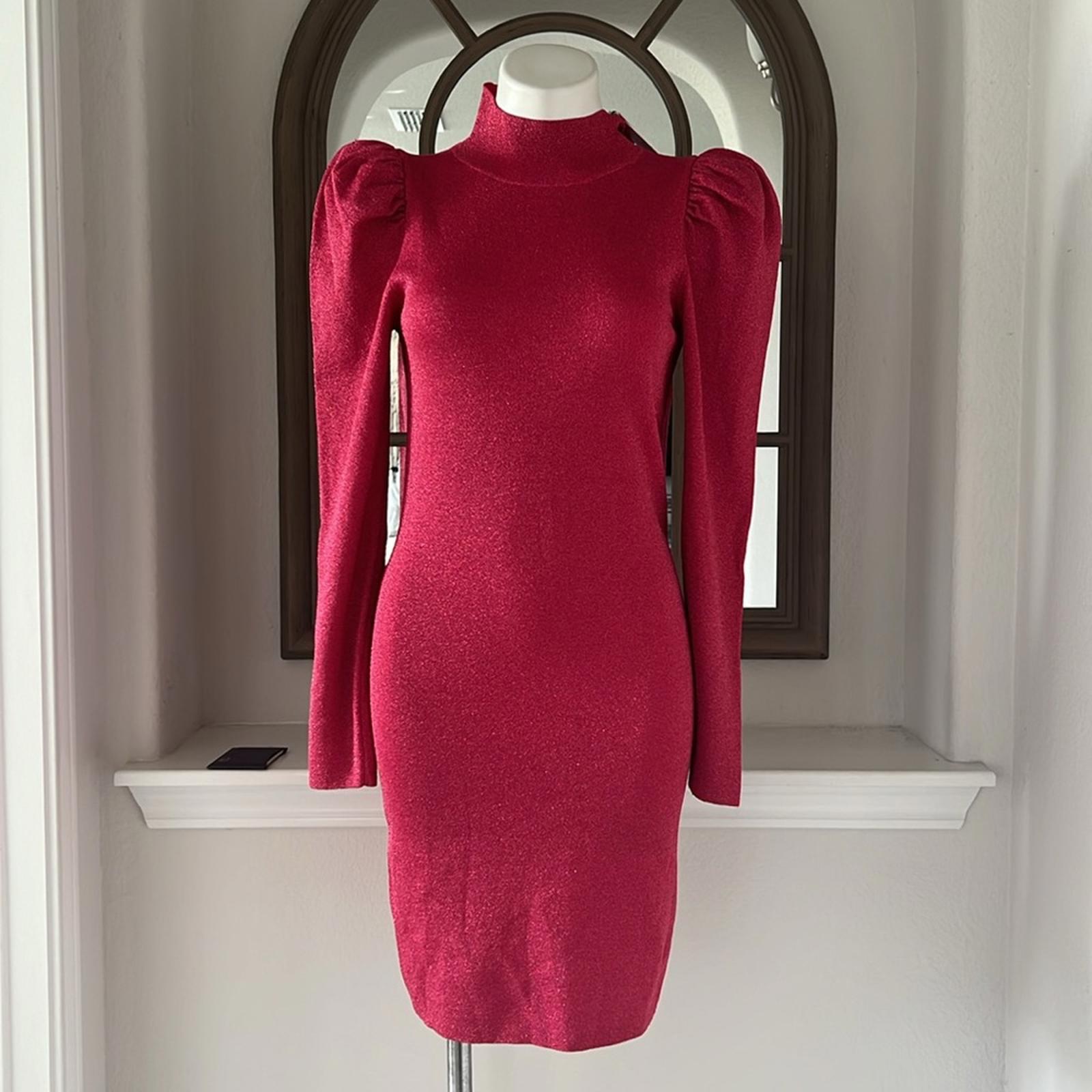 Alice+Olivia Issa Turtleneck Puff Sleeve Dress, Pink Metallic Size L NWT $395