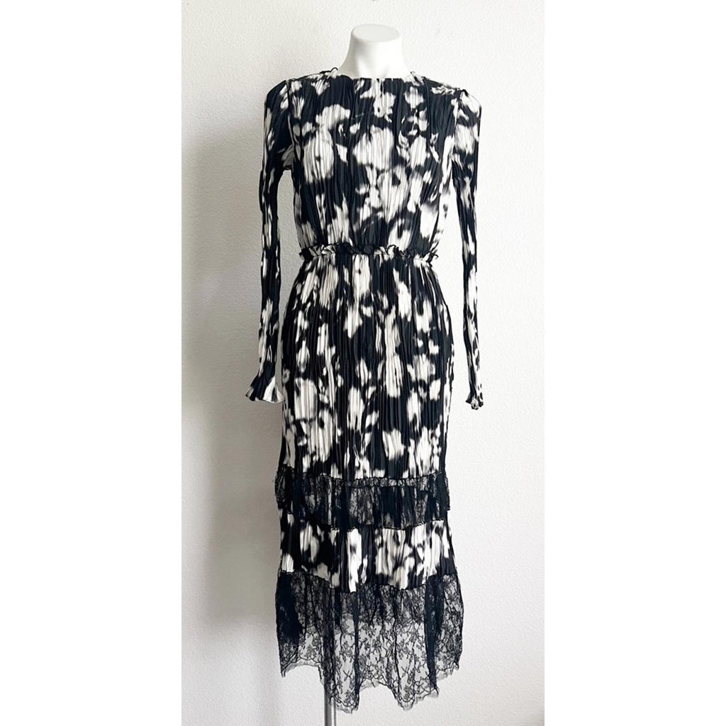 Jason Wu Collection Lace-Paneled Floral Plissé Silk-Satin Midi Dress, NWT, Size4