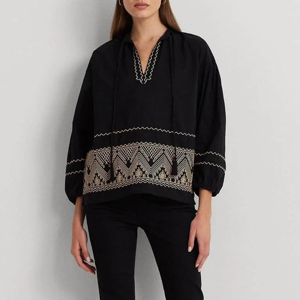 Lauren Ralph Lauren V-Neck Bishop Sleeves Pullover Top in Black Size S NWT