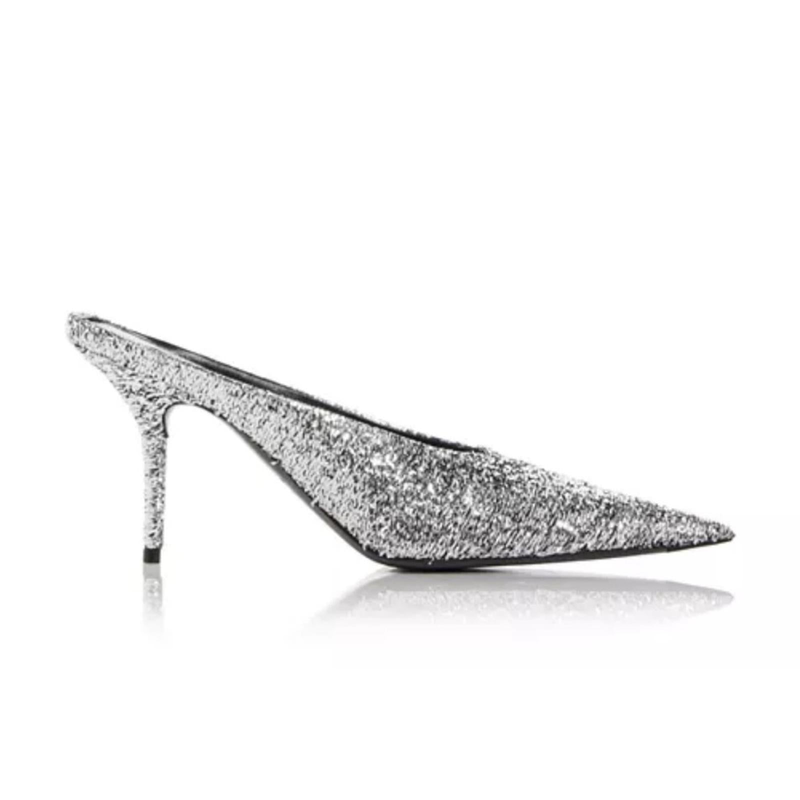 Balenciaga Knife Glitter High Heel Mules in Silver Titanium Size 36 New in Box