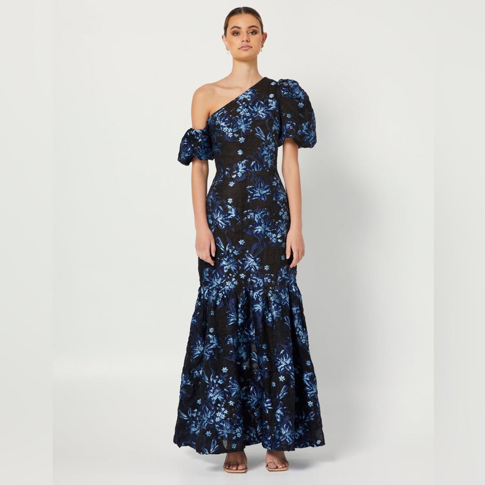 Elliatt Planetary Asymmetric Jacquard Maxi Dress, Navy/Black, New w/Tag