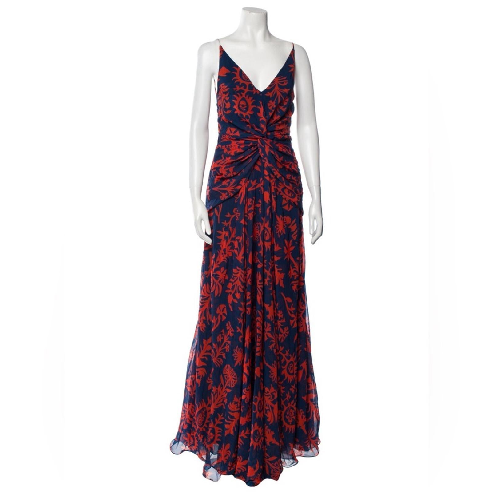 Andres Otalora Printed Chiffon Tie Back Gown in Blue & Red, NWT, Size 0