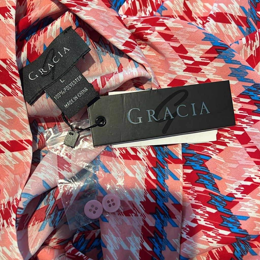 Gracia Aztec Print Long Sleeve Button Down Top, Size L New w/Tag $92