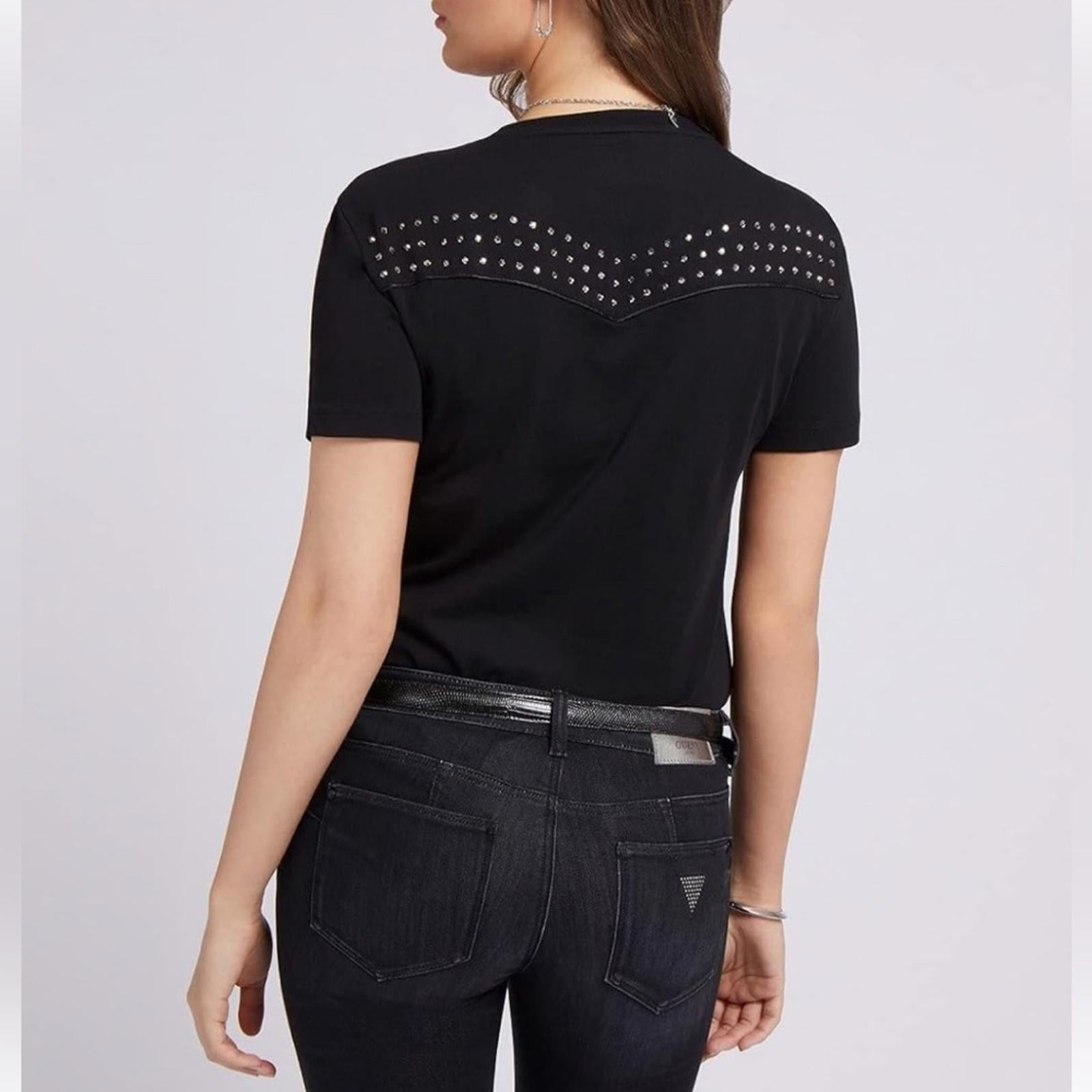 Guess Eco Katarina Embellished Crewneck Tee in Jet Black, New w/Tag $79