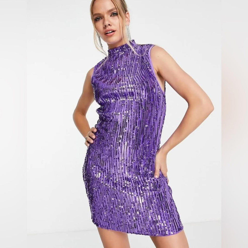 NWT ASOS Design High Neck Sequin Embellished Mini Dress, Purple Size US 14 UK 18