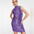 NWT ASOS Design High Neck Sequin Embellished Mini Dress, Purple Size US 14 UK 18