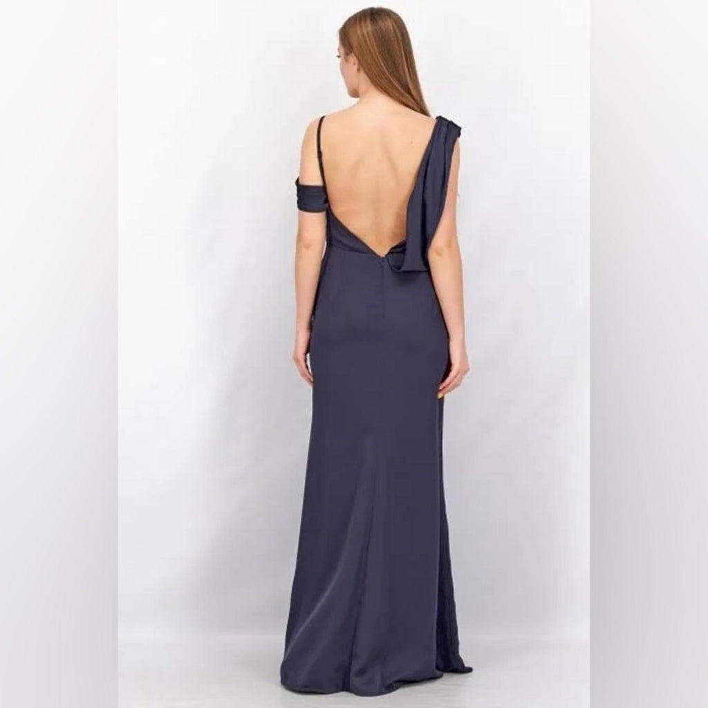 Aqua Asymmetrical Neckline Full-Length Evening Gown in Dark Navy Size 0 NWT $368
