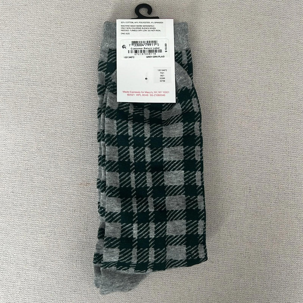 X2 Club Room Grey/Green Plaid Crew Socks, Soft Touch Stretch One Size New w/Tag