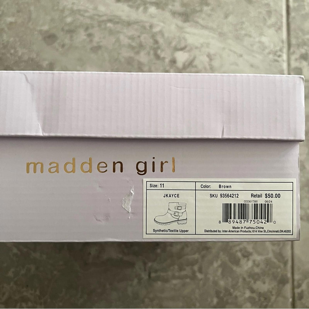 Madden Girl JKayce Brown Sweater Knit Ankle Boots with Buckle Detail, Size 1