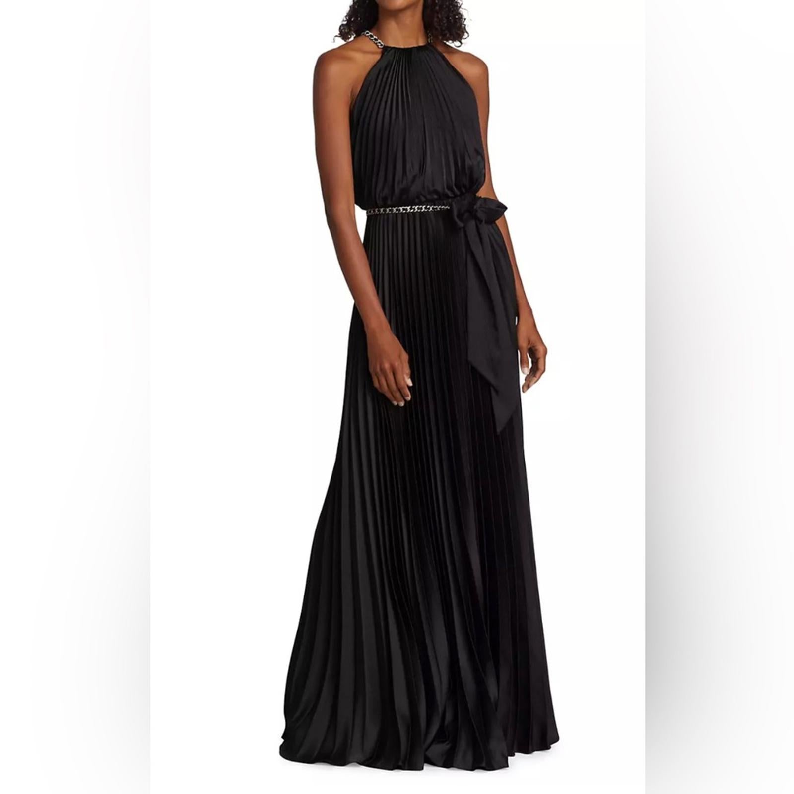 ML Monique Lhuillier Satin Chain-Link Belt Pleated Gown, Black Size 8 NWT $695