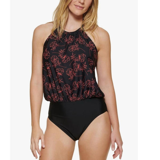 Calvin Klein High Neck Halter Blouson in Black/Red, Size 12 NEW w/Tag $118