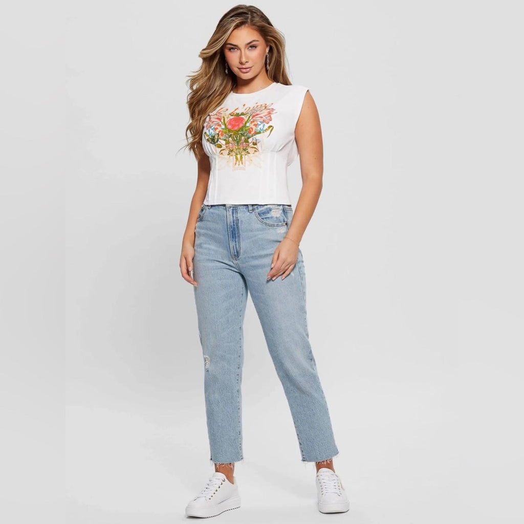 NEW Guess Eco JE T'aime Corset Tee, Pure White, Short Cap Sleeves Size XL, NWT