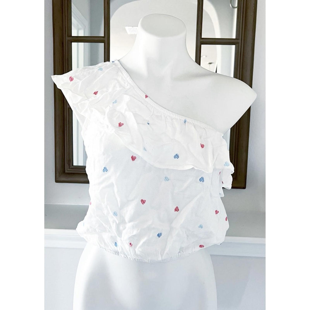 Hippie Rose Tiered One Shoulder Top Red Blue Hearts NWT