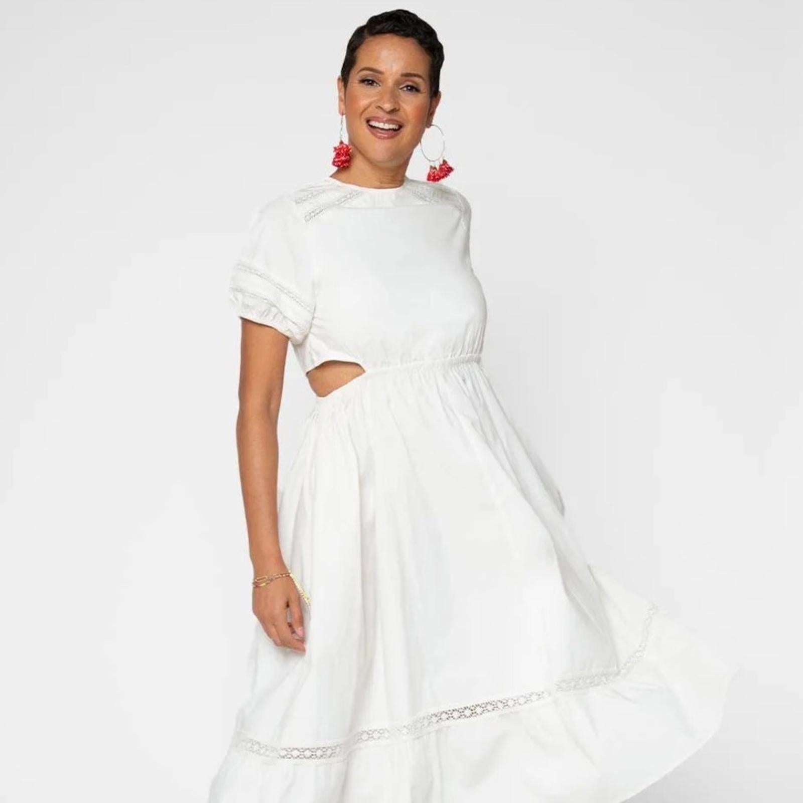 Leota Michelle Lace Trim Poplin Midi Dress, White Size L New w/Tag