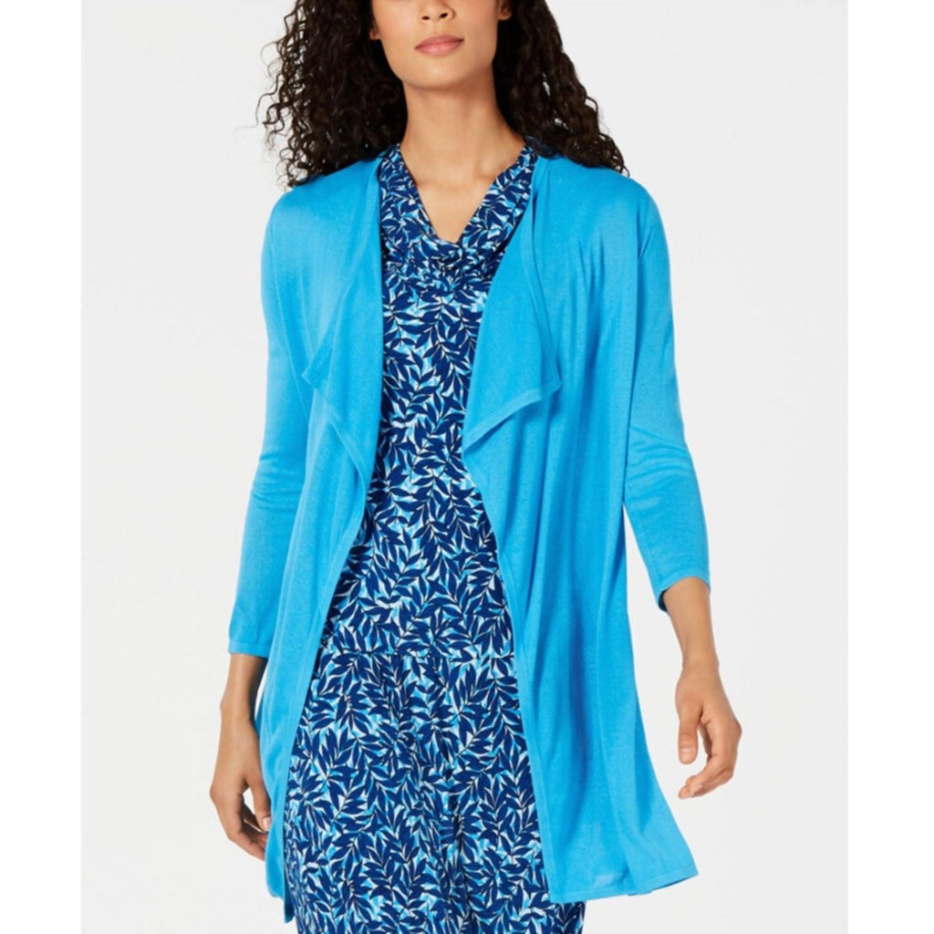 Kasper Open Front 3/4 Sleeve Cardigan in Ocean Blue, Size M New with Tag