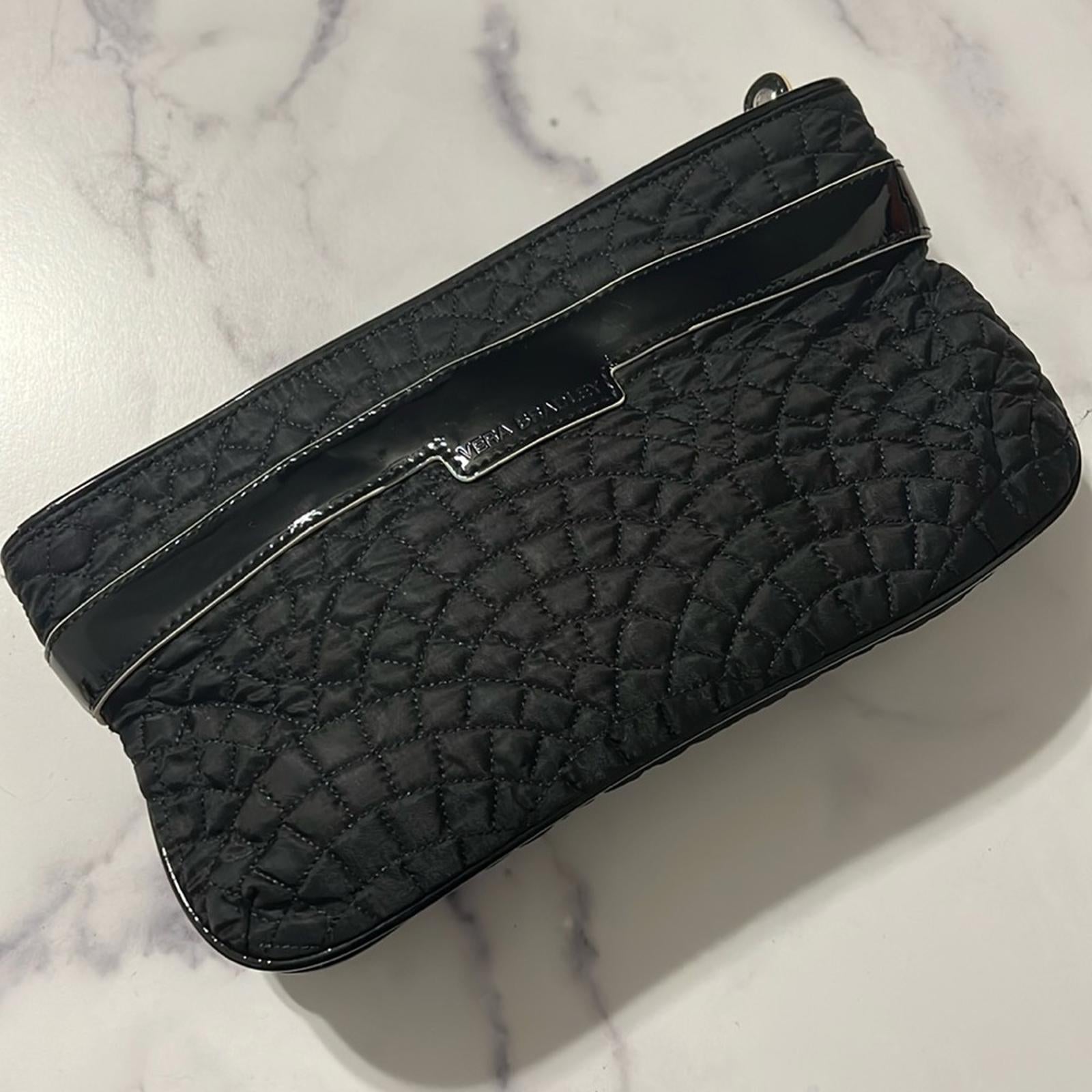 Vera Bradley Quilted Clutch Black Patent Leather Purse with Silver Tone Accents