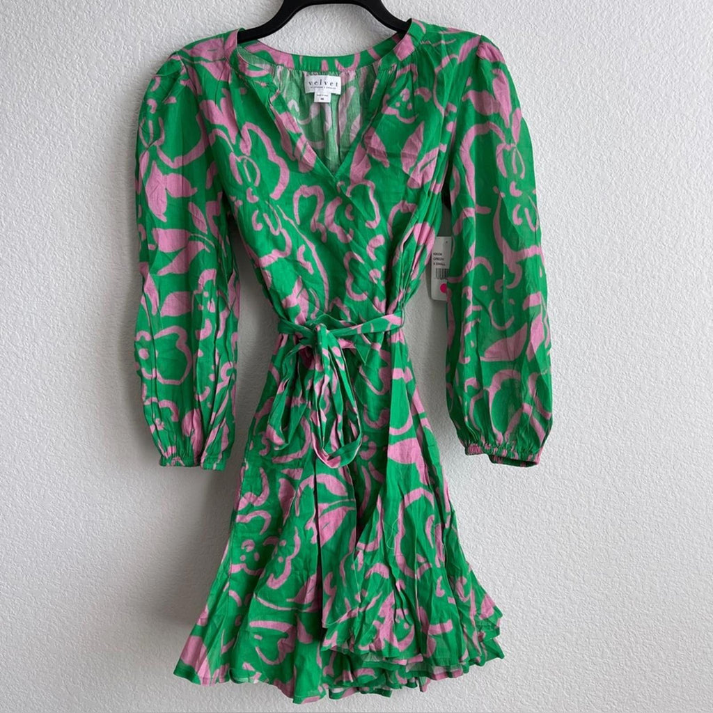 Velvet Kiki Short Tie-Belt Printed Cotton Dress in Green/Link, Size XS NWT