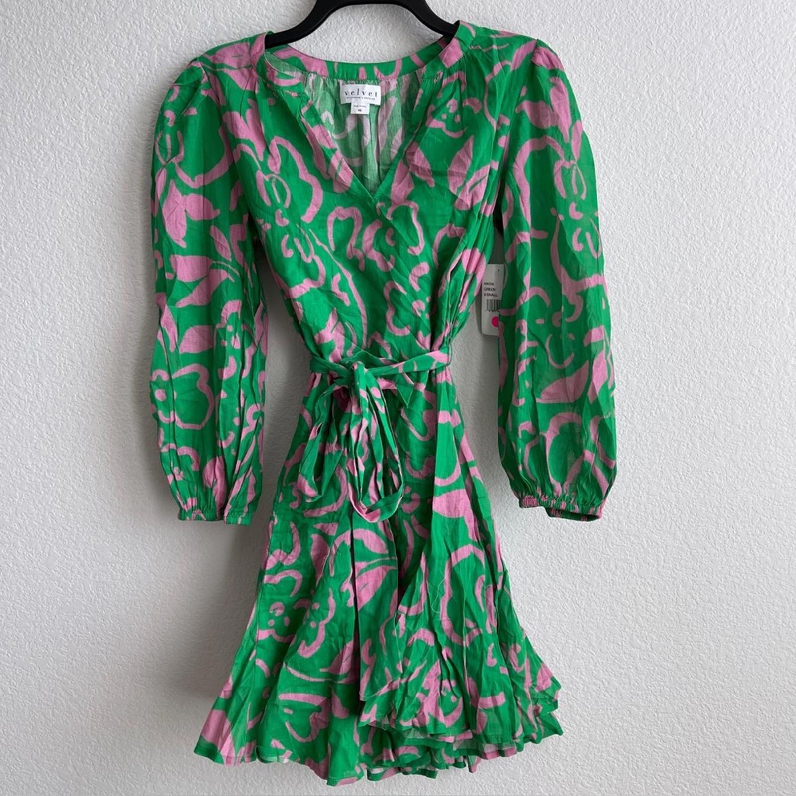 Velvet Kiki Short Tie-Belt Printed Cotton Dress in Green/Link, Size XS NWT
