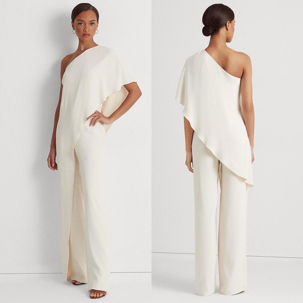 Lauren Ralph Lauren Cape One-Shoulder Jumpsuit in Cream, Size 10 Retail $265