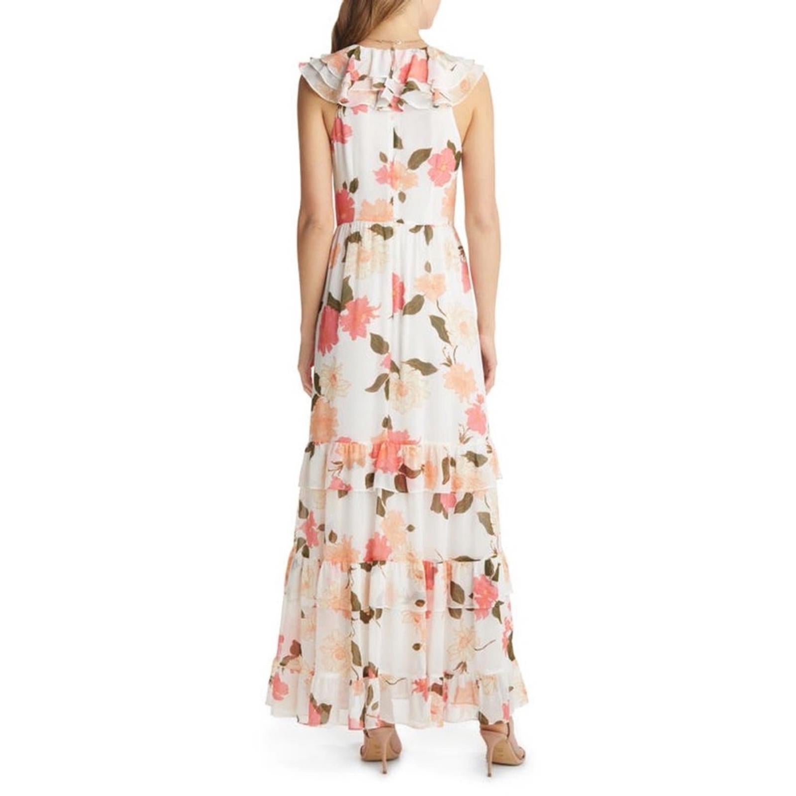 VICI Floral Print Tiered Chiffon Maxi Dress, Cream Peach, Size XS New w/Tag