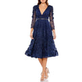 Mac Duggal Fit & Flare Lace Dress w/Floral Appliqués Three-Quarter Sleeve