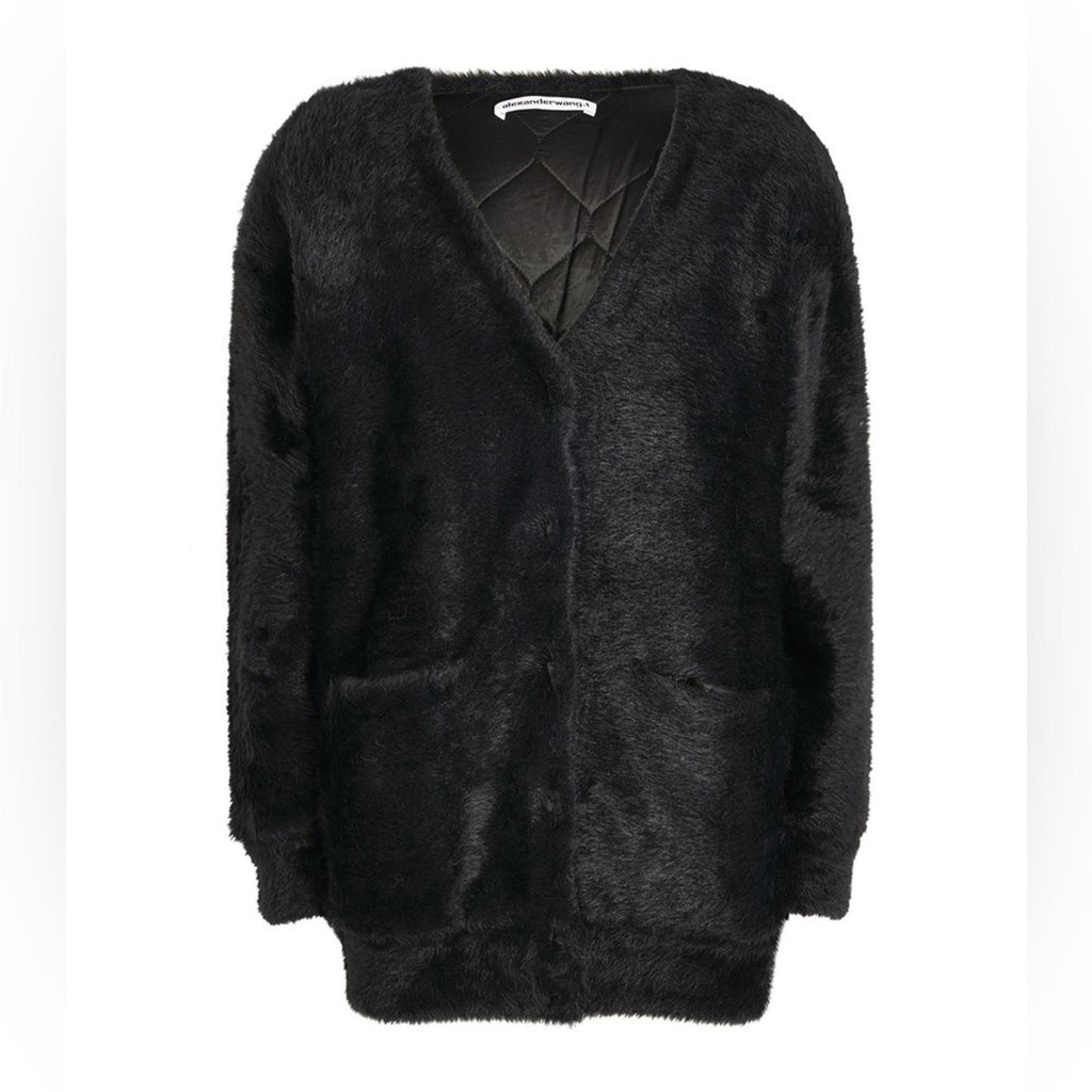 New ALEXANDER WANG V-Neck Faux Fur Cardigan w/Quilted Lining in Black Size L NWT