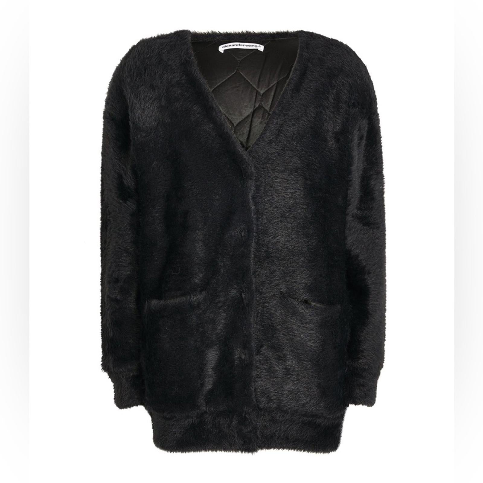 New ALEXANDER WANG V-Neck Faux Fur Cardigan w/Quilted Lining in Black Size L NWT