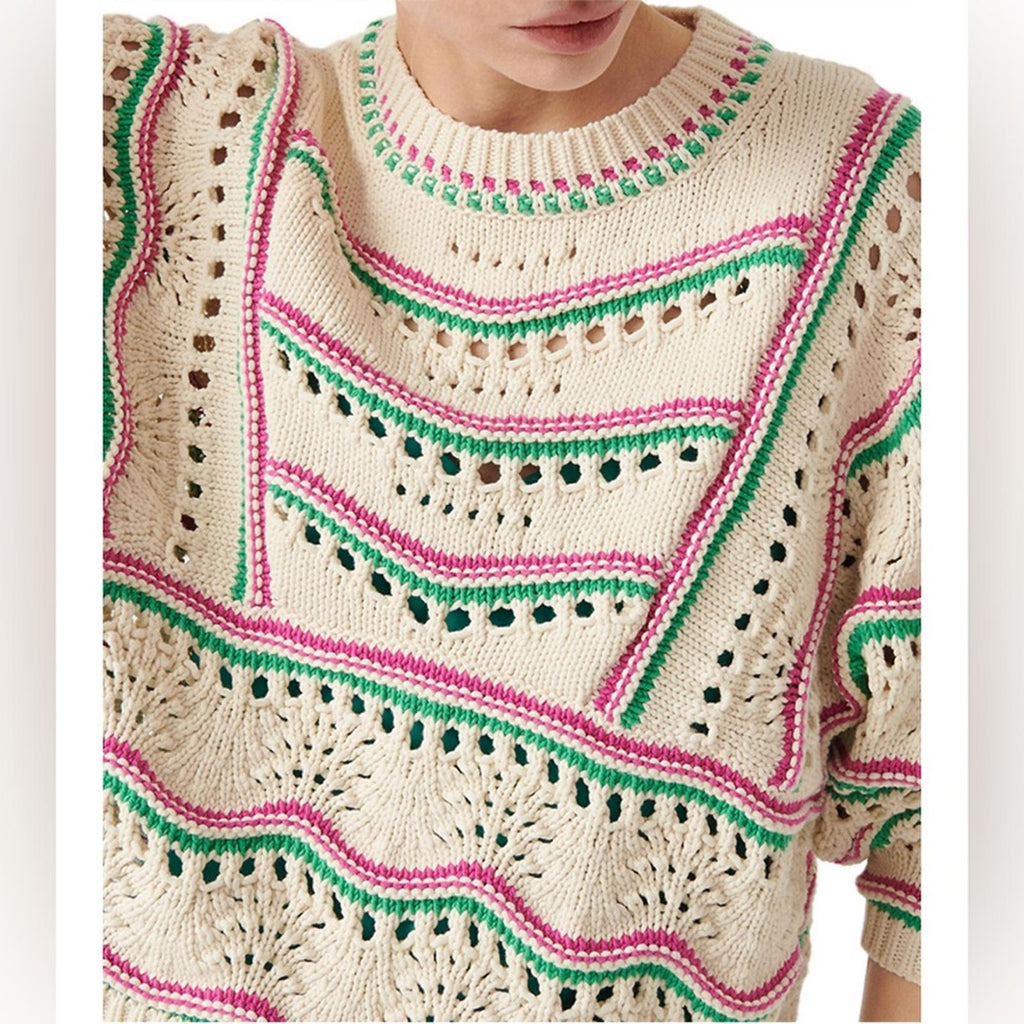 ba&sh Ecru Hicham Jumper Stripe Pointelle Sweater, Ivory Size XS Retail $336