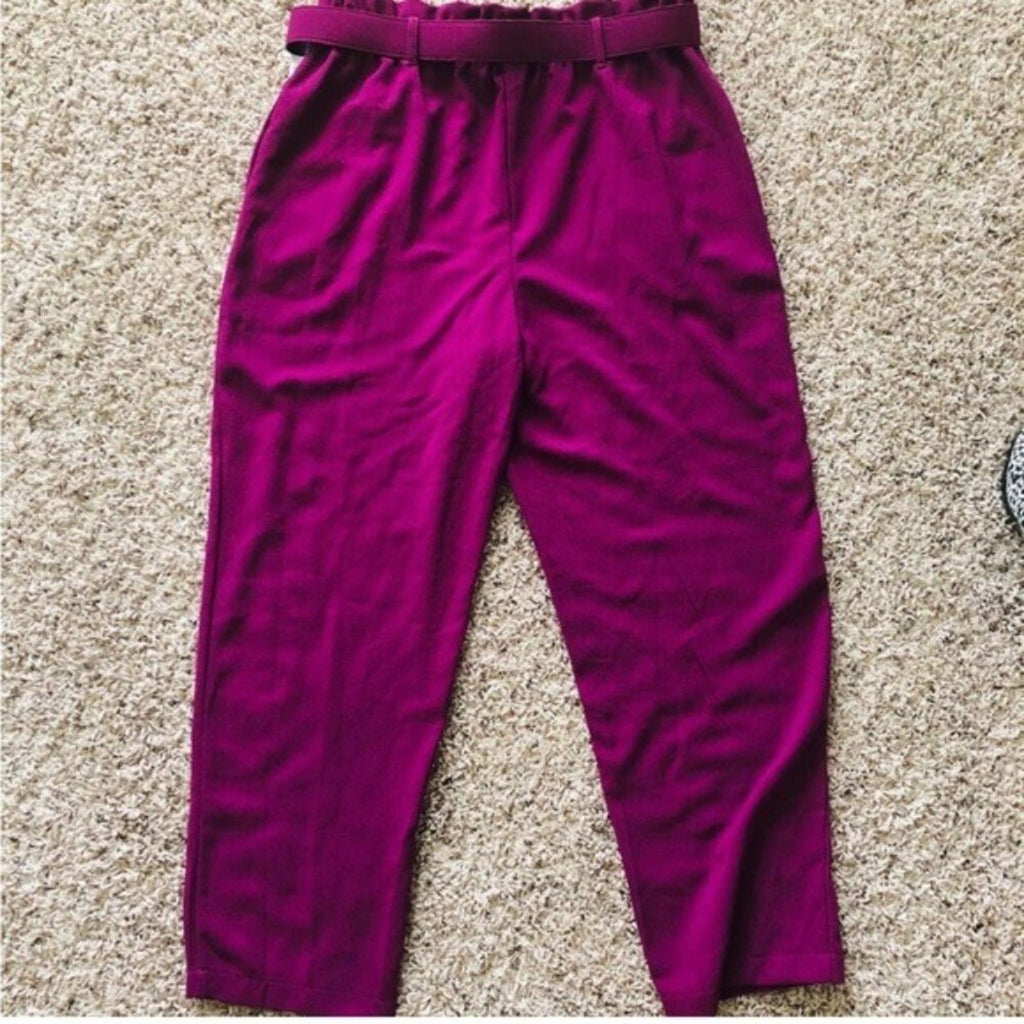 June & Hudson Belted Paper Bag High-Waisted Pants in Fuschia, Size L EXCELLENT