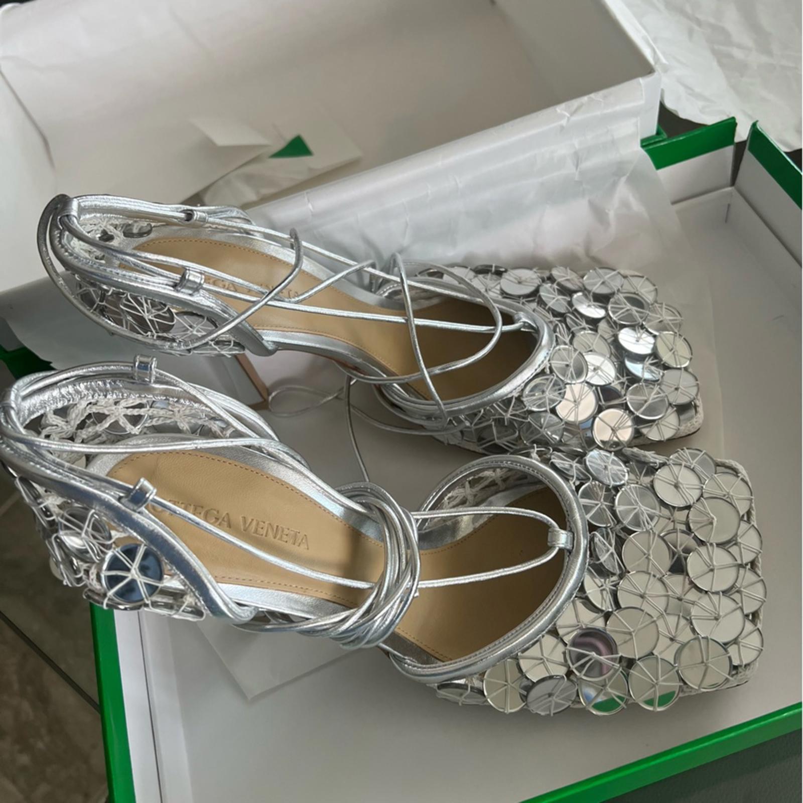 Bottega Veneta Embellished Metallic Wrap Pumps, Size 39.5 NEW +Padded Dust Bags
