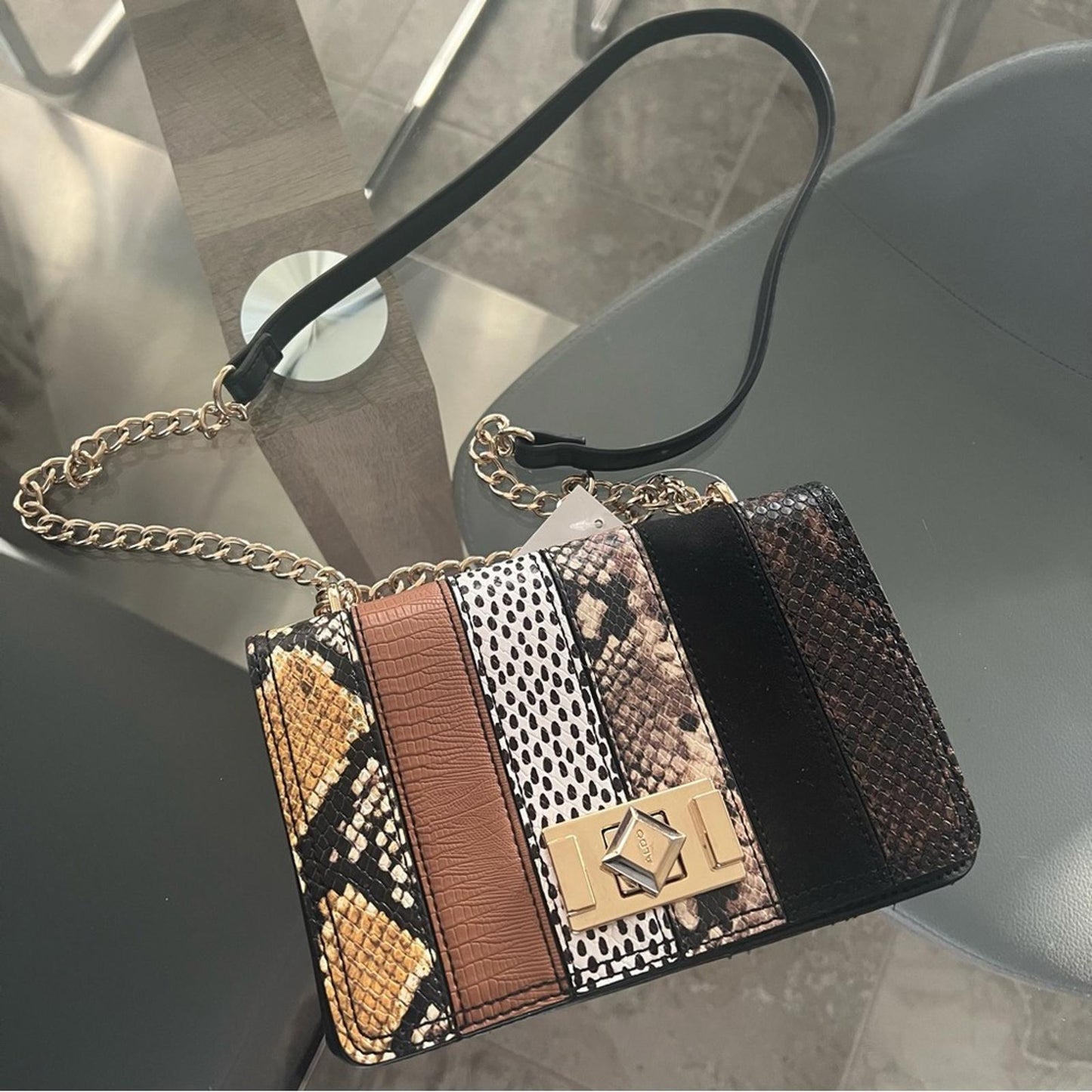 ALDO Lovowia Crossbody with Chain Shoulder Strap in Snake Multi, New w/Tag
