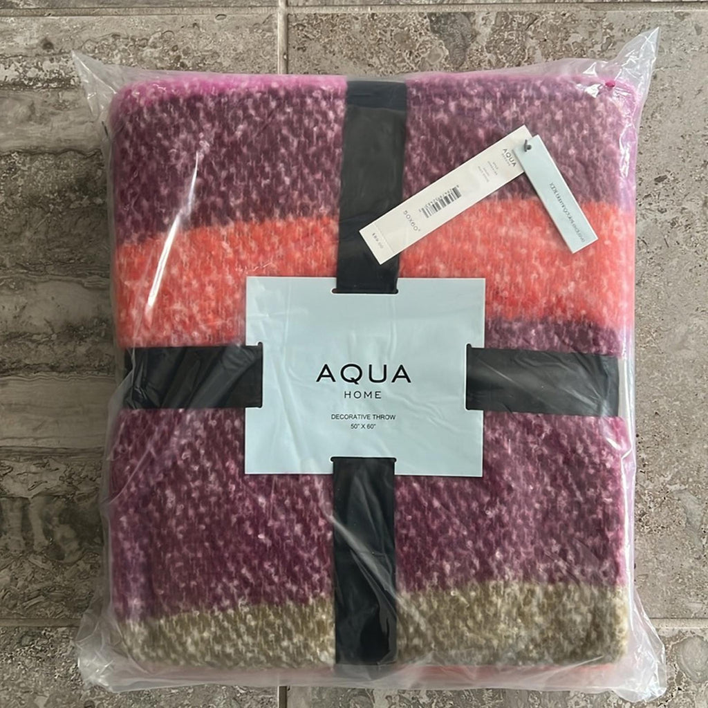 AQUA Bedding Faux Mohair Plaid Throw, 50” x 60” Multi Stripe New w/Tag
