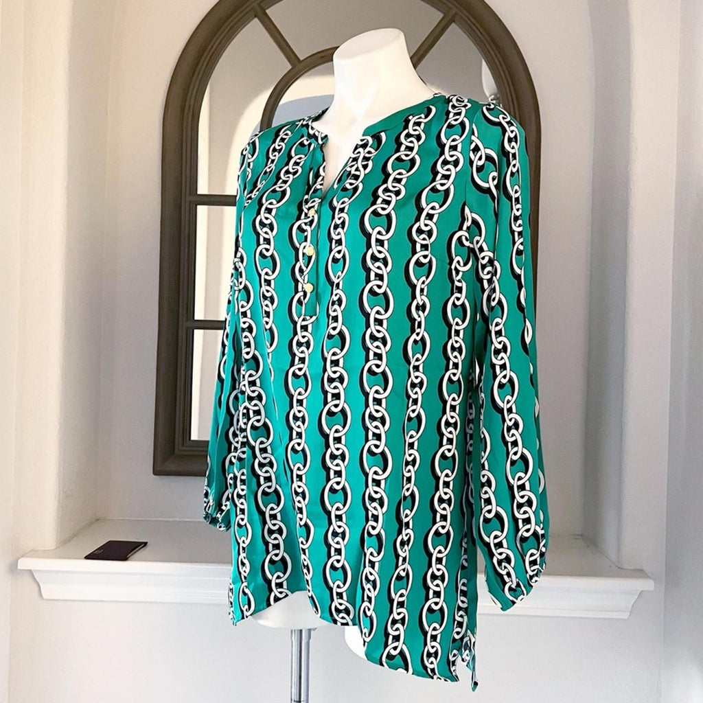 IMAN Popover High Low Chain Print Long Sleeve Blouse, Green Size S New w/Tag