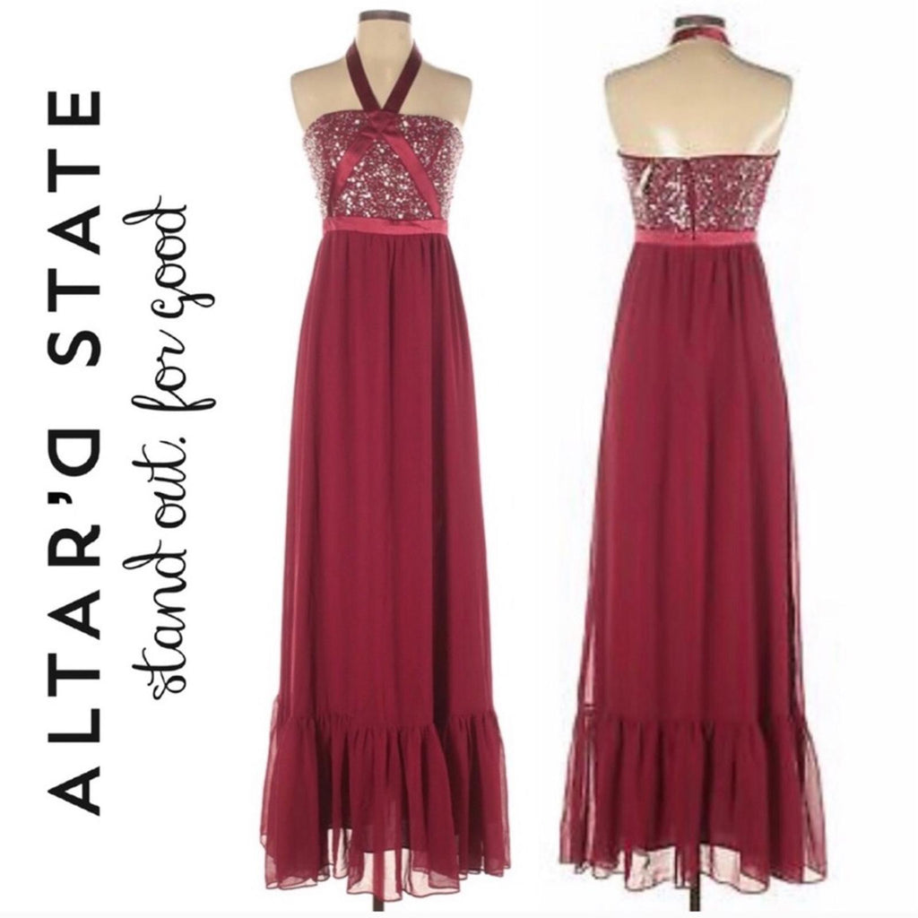 Altar’d State Tiered Halter Maxi Dress with Sequin Detail Ruby Red, NWT, Size L